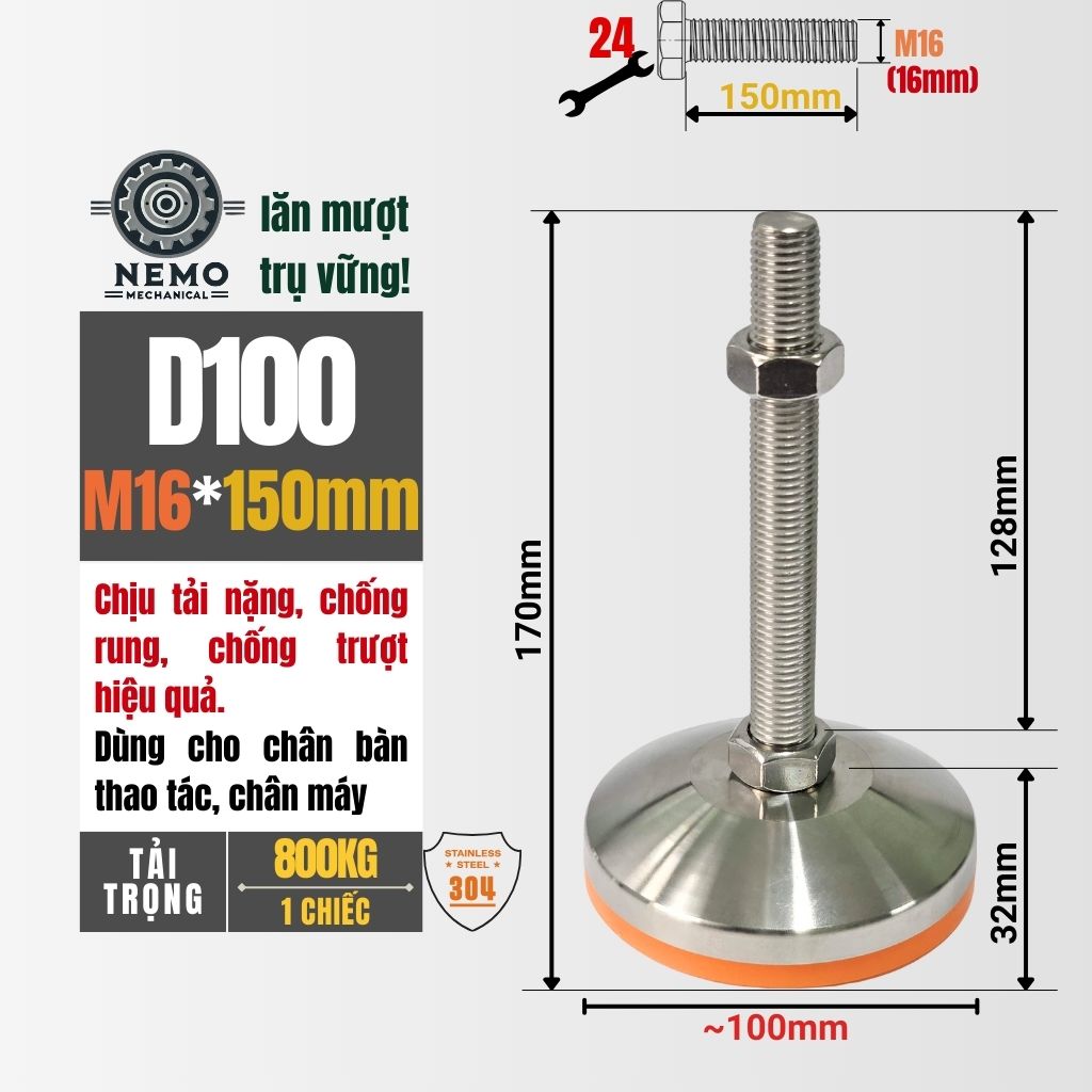 Chân Tăng Chỉnh Inox 304 Ren M16 – Đế Bát Dày Chịu Tải Siêu Nặng 800kg, Chống Ăn Mòn Tuyệt Đối